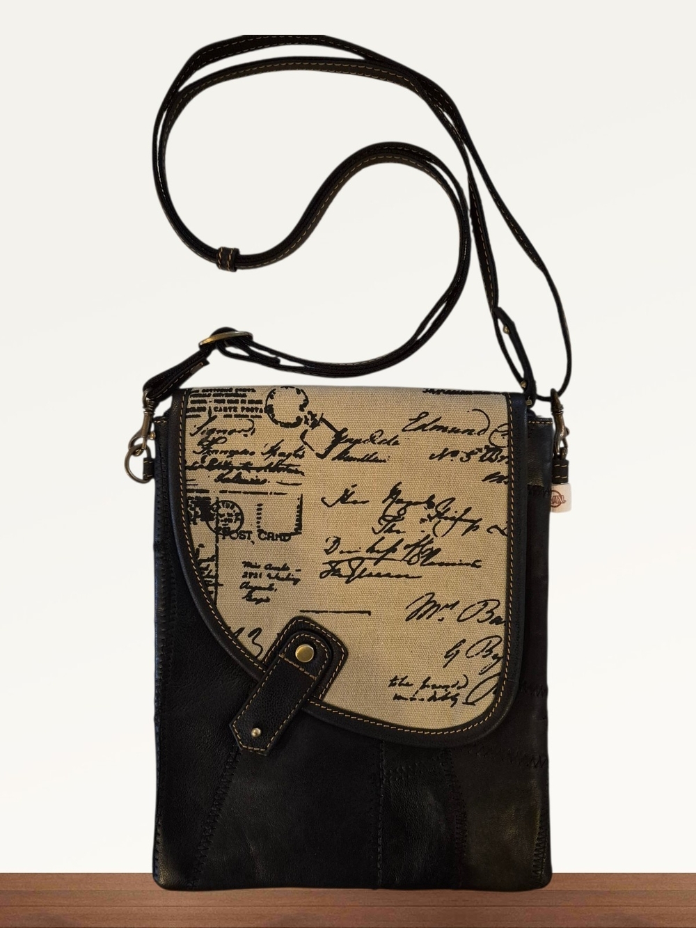 Vaan & Co Script-Print Canvas And Brown Leather Crossbody Bag
